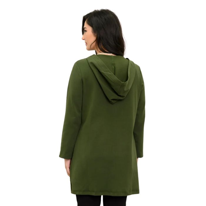 a woman wearing kombu green cortes jacket waist up back view set on a studio white background