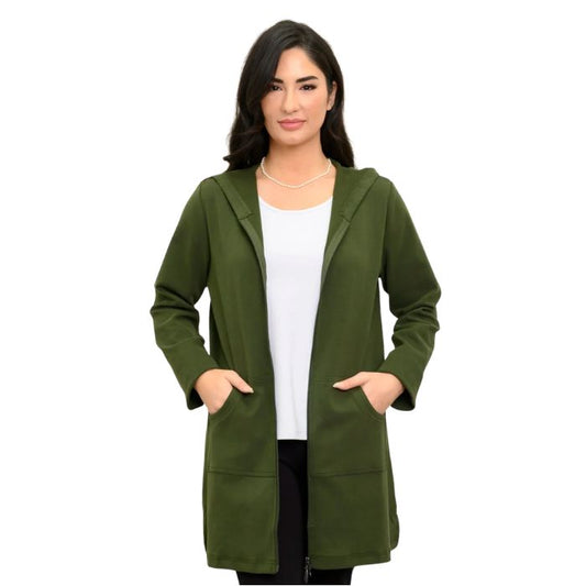 a woman wearing kombu green cortes jacket and white jazz tank top waist up front view set on a studio white background