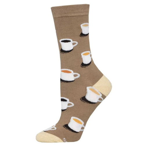 cup of joe sock brown crew sock with mugs of coffee print on white background