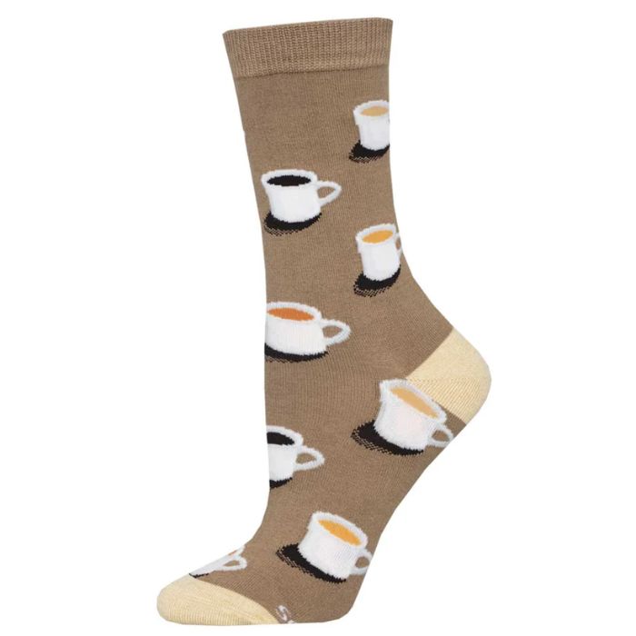 cup of joe sock brown crew sock with mugs of coffee print on white background