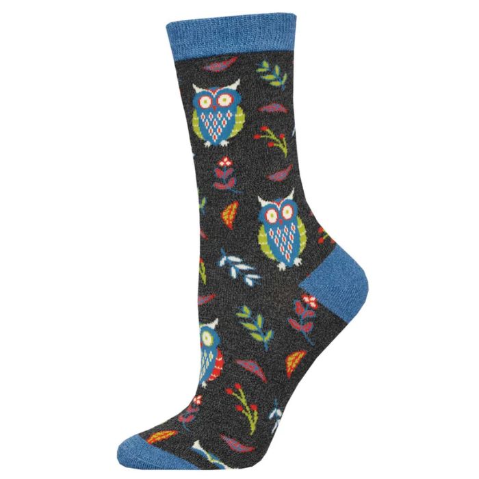 Cute hoot sock charcoal grey crew sock with owl print on white background