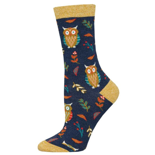 Cute hoot sock navy blue crew sock with owl print on white background
