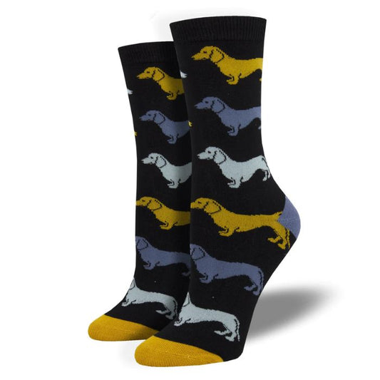 Dachshund socks a pair of black  crew socks with colorful dachshund dog print on white background