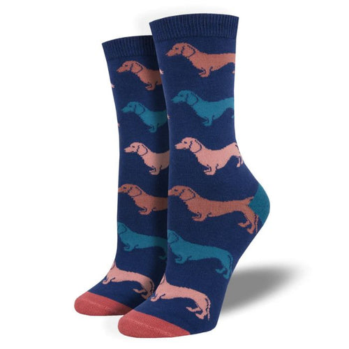 Dachshund socks a pair of blue crew socks with colorful dachshund dog print on white background