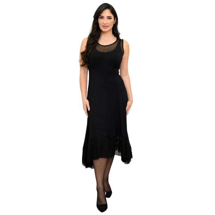 woman wearing black danube dress front view on white background