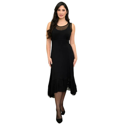 woman wearing black danube dress front view on white background