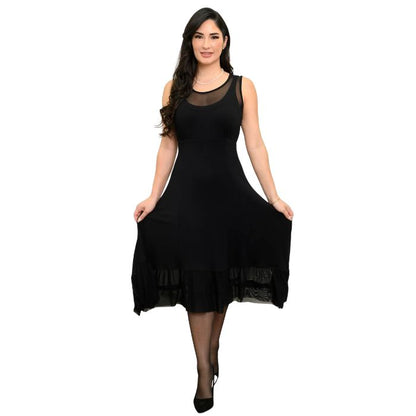 woman wearing black danube dress front view on white background