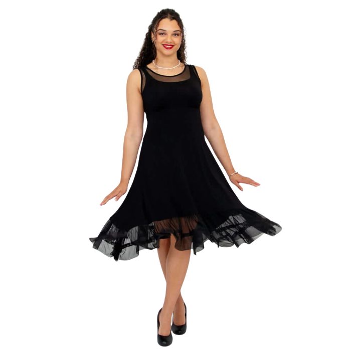woman wearing black danube dress front view on white background
