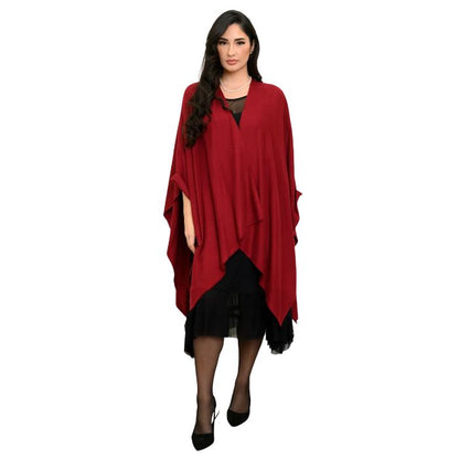 woman wearing black danube dress and burgundy red darcy wrap front view on white background