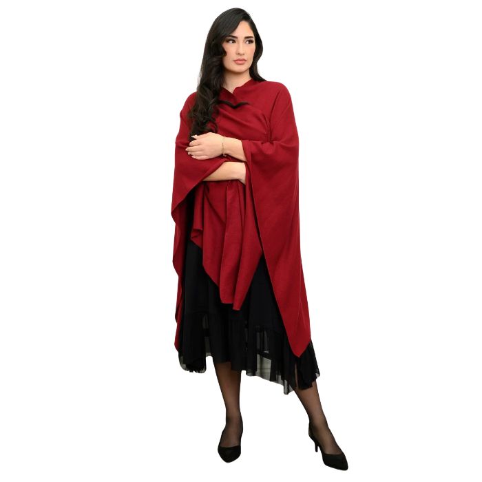 woman wearing black danube dress and burgundy red darcy wrap front view on white background