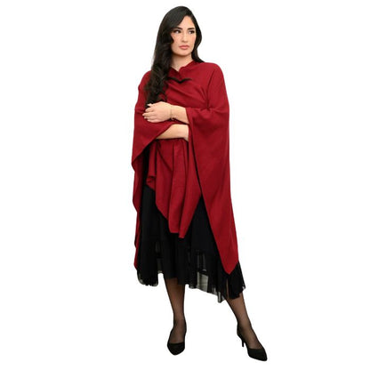 woman wearing black danube dress and burgundy red darcy wrap front view on white background
