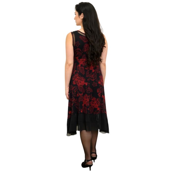 woman wearing floral trace print danube dress back view set on a white background