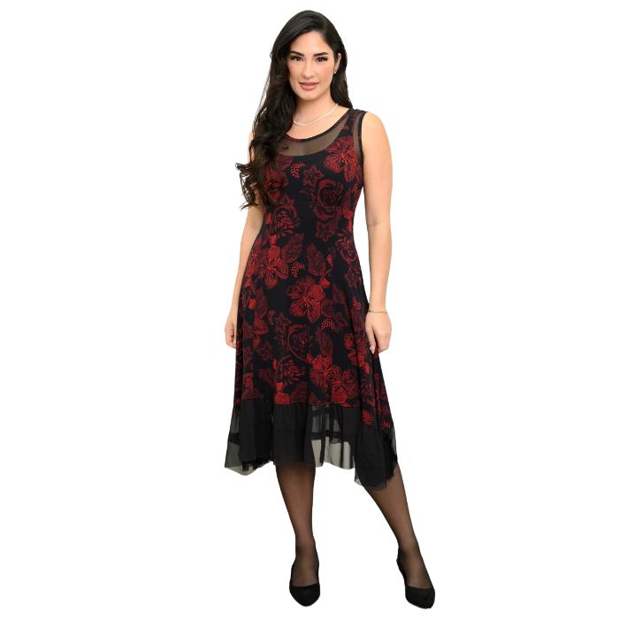 woman wearing floral trace print danube dress front view set on a white background