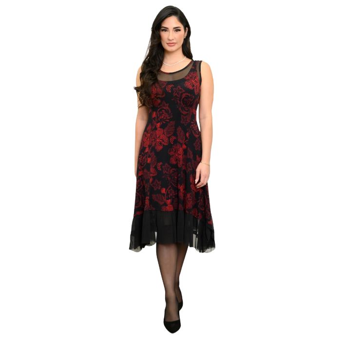 woman wearing floral trace print danube dress front view set on a white background