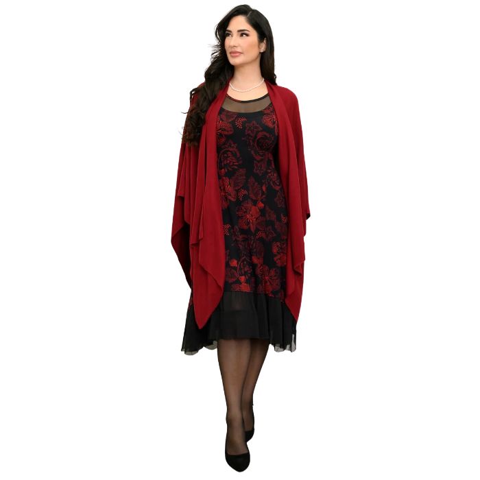 woman wearing floral trace print danube dress and burgundy bred darcy wrap front view set on a white background