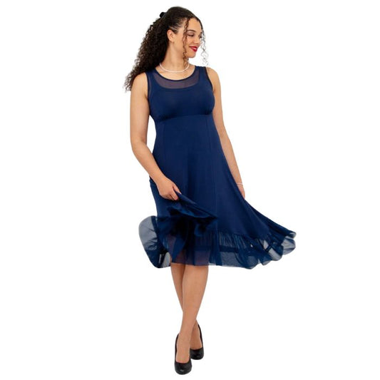 woman wearing indigo blue danube dress front view set on a white background