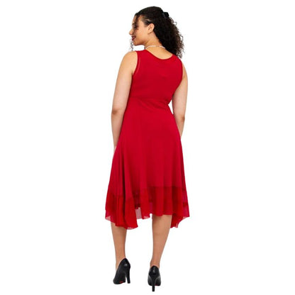 woman wearing lipstick red danube dress back view set on a white background