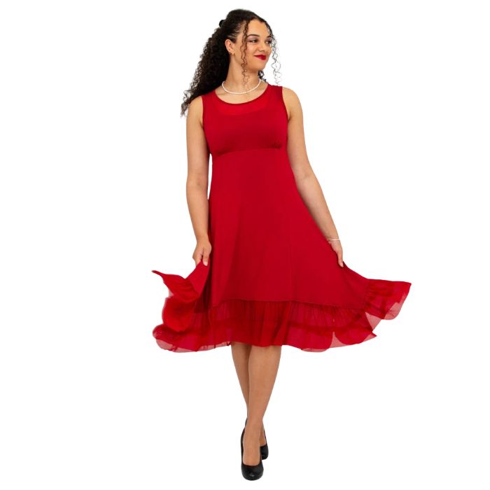 woman wearing lipstick red danube dress front view set on a white background