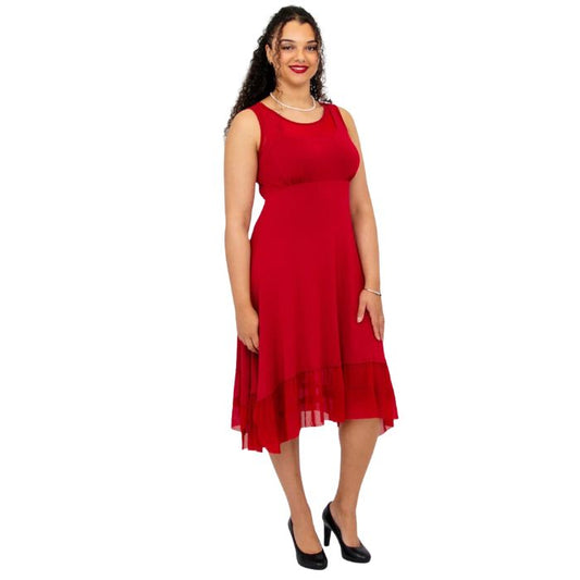 woman wearing lipstick red danube dress front view set on a white background