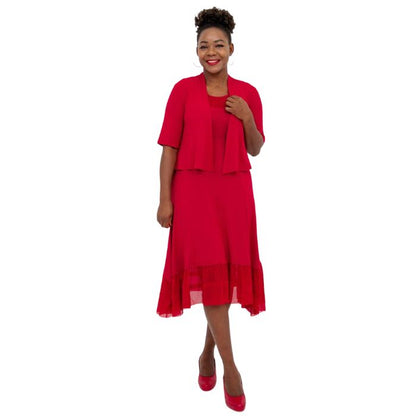 woman wearing lipstick red danube dress and lipstick red doda jacket front view set on a white background