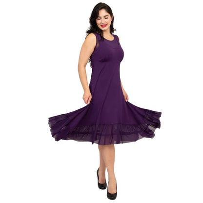 woman wearing royale purple danube dress front view set on a white background