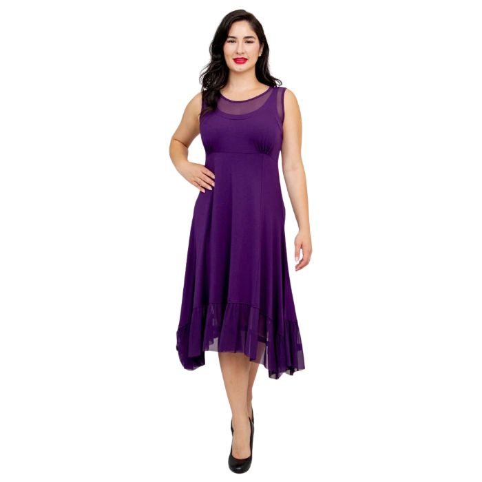 woman wearing royale purple danube dress front view set on a white background