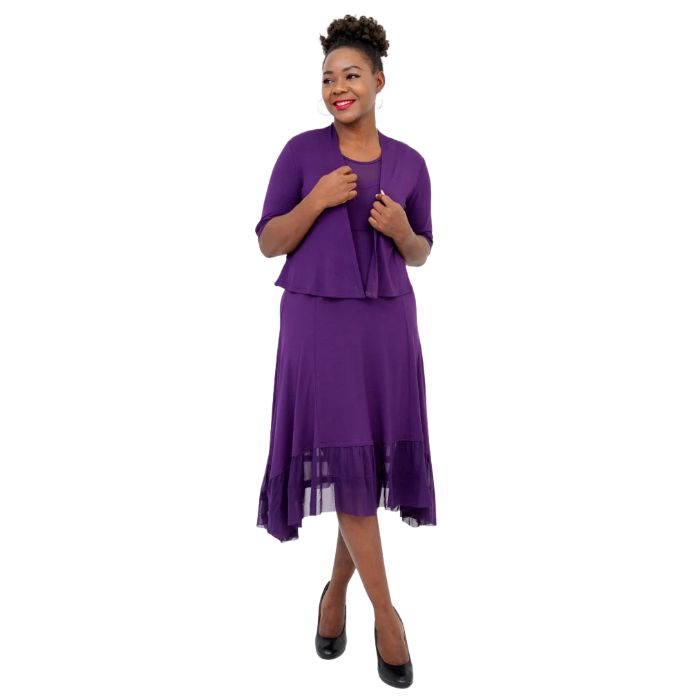 woman wearing royale purple danube dress and royale purple doda jacket front view set on a white background