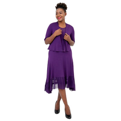 woman wearing royale purple danube dress and royale purple doda jacket front view set on a white background
