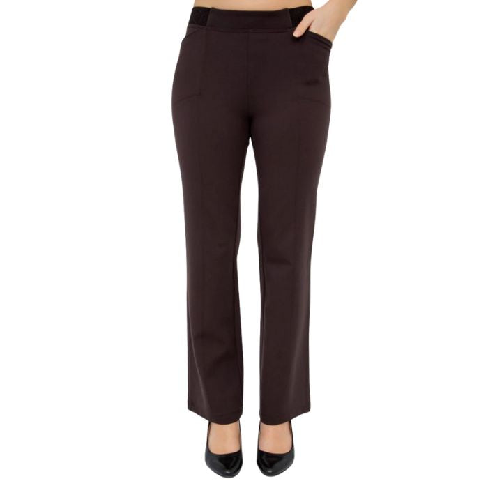 female model wearing coffee brown daya pants front view on white background
