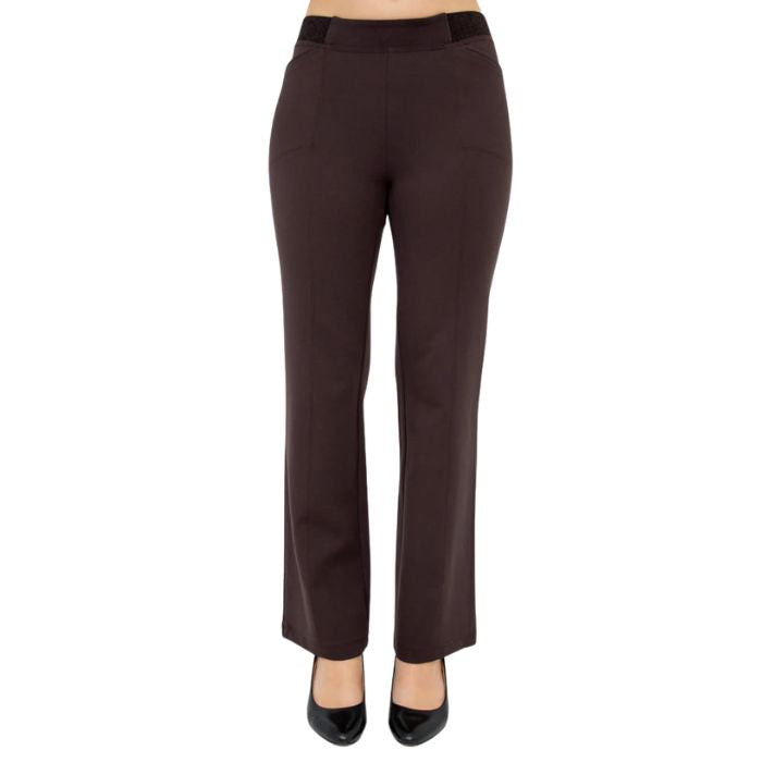 female model wearing coffee brown daya pants front view on white background