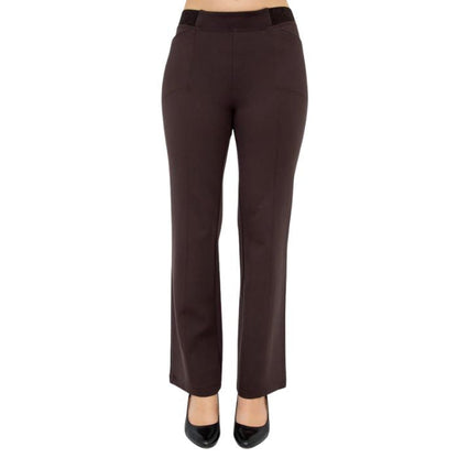 female model wearing coffee brown daya pants front view on white background