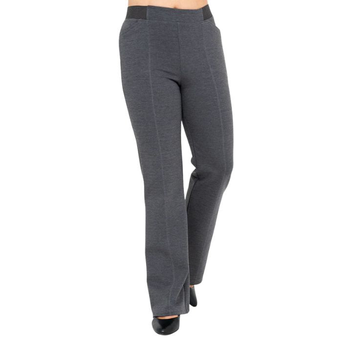 female model wearing granite grey daya pants front view on white background