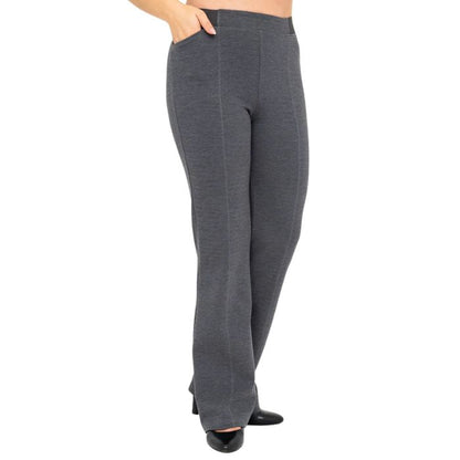 female model wearing granite grey daya pants front view on white background