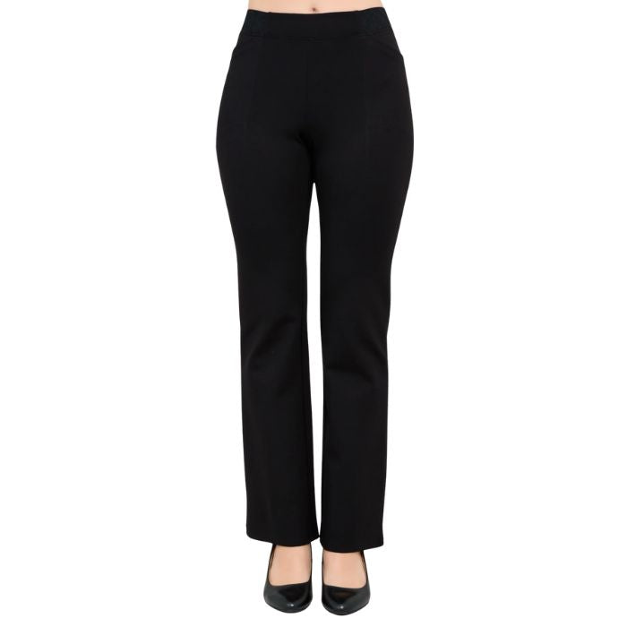 bottom of female model wearing back daya pants petite front view on white background