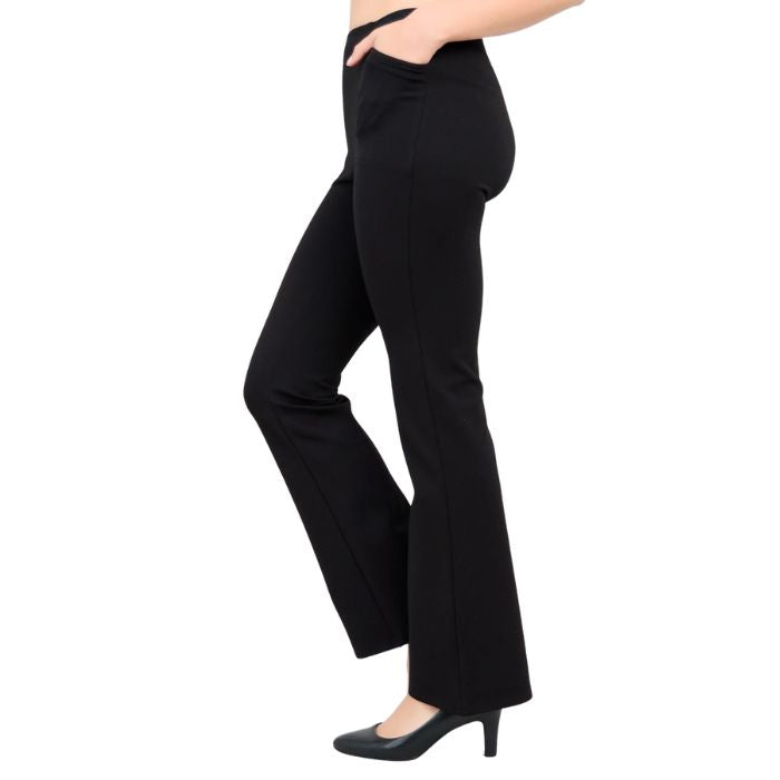 bottom of female model wearing back daya pants petite side view on white background