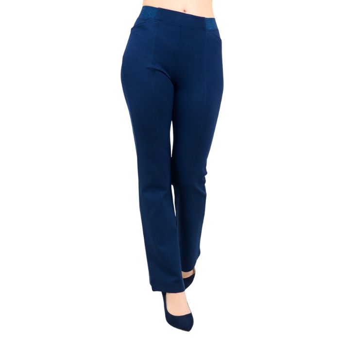 female model wearing indigo blue daya petite pants waist down front view on white background