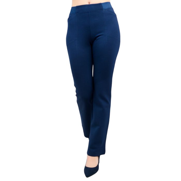 female model wearing indigo blue daya petite pants waist down front view on white background