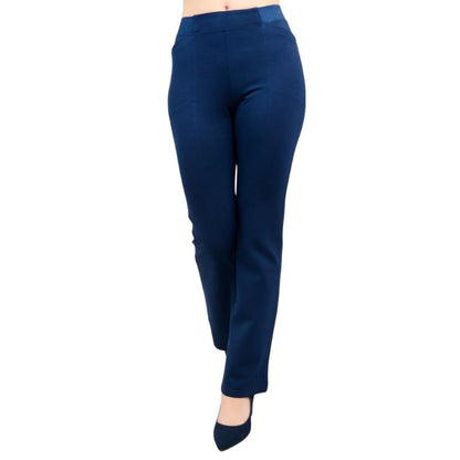 female model wearing indigo blue daya petite pants waist down front view on white background
