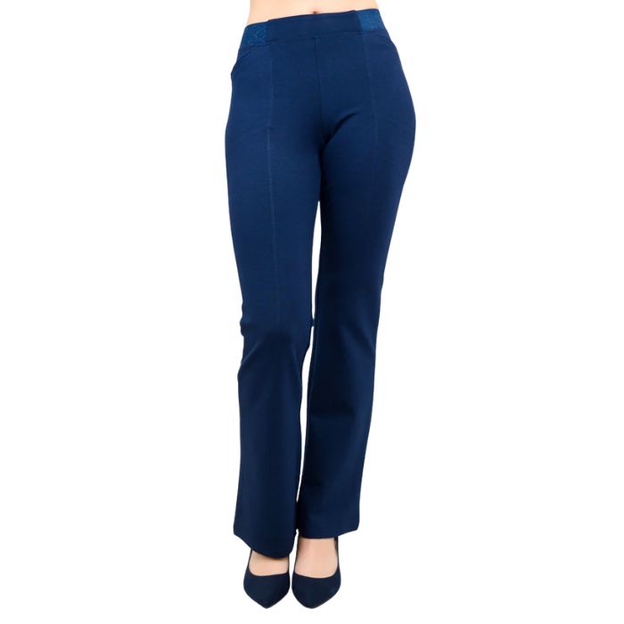female model wearing indigo blue daya petite pants waist down front view on white background