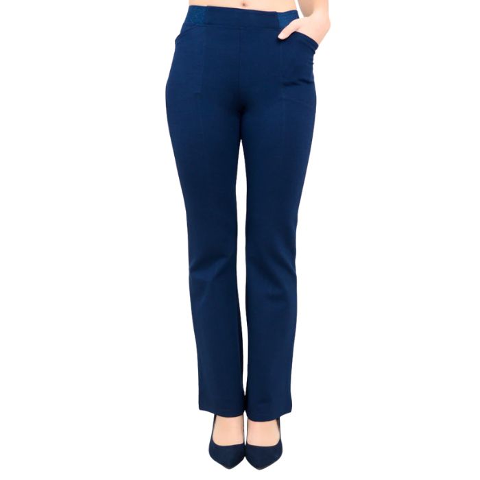 female model wearing indigo blue daya petite pants waist down front view on white background