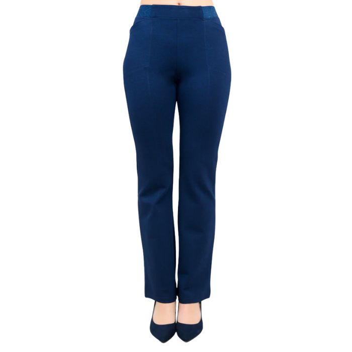 female model wearing indigo blue daya petite pants waist down front view on white background