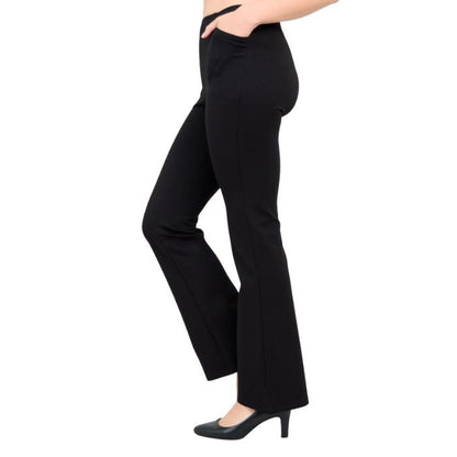 bottom of female model wearing back daya pants tall side view on white background