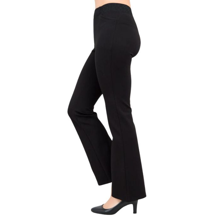 bottom of female model wearing back daya pants tall side view on white background