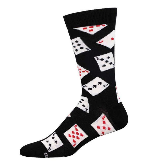 black crew sock with playing card print on white background
