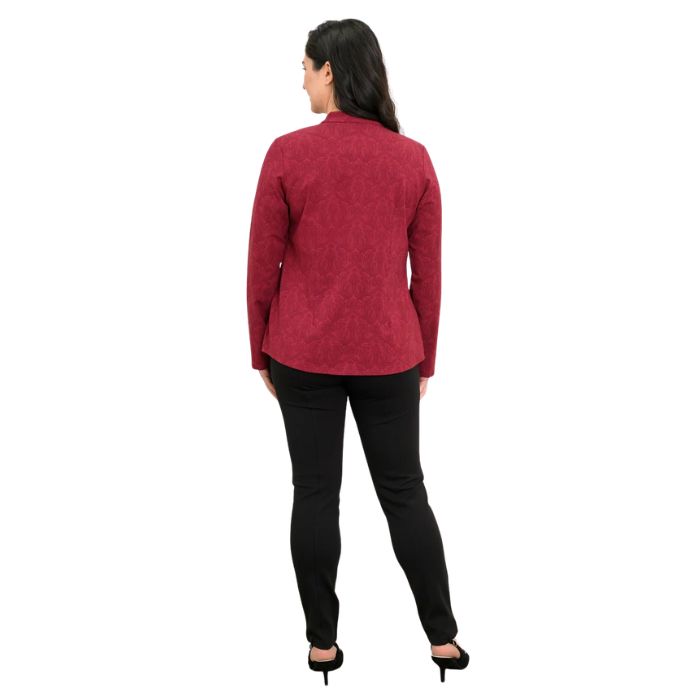 a woman wearing crimson empire print debbie blouse and black nadia pants back view set on a studio white background