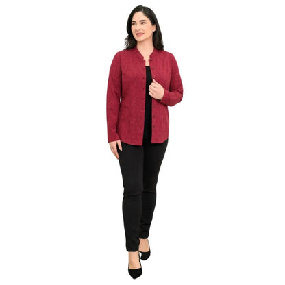 a woman wearing crimson empire print debbie blouse and black nadia pants front view set on a studio white background