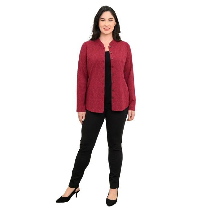 a woman wearing crimson empire print debbie blouse and black nadia pants front view set on a studio white background