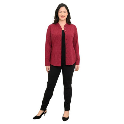 a woman wearing crimson empire print debbie blouse and black nadia pants front view set on a studio white background