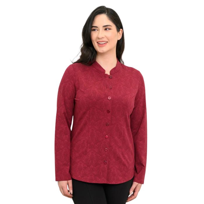 a woman wearing crimson empire print debbie blouse waist up front view set on a studio white background
