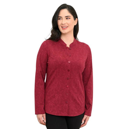 a woman wearing crimson empire print debbie blouse waist up front view set on a studio white background